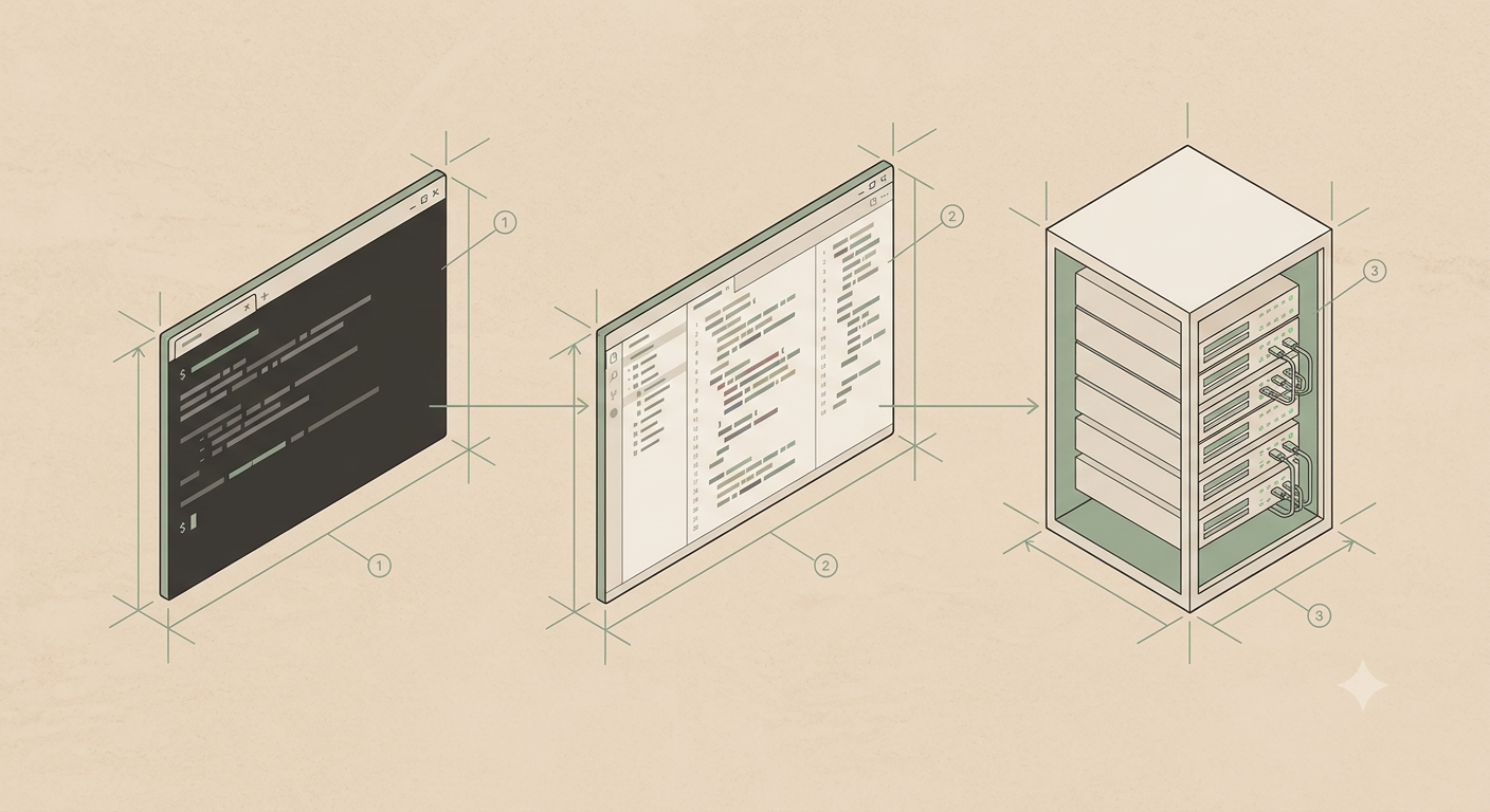 The 3 Archetypes architectural diagram-style illustration showing three distinct workspaces side by side, a terminal window, a code editor, and a cloud server rack, connected by thin structural lines like a blueprint.