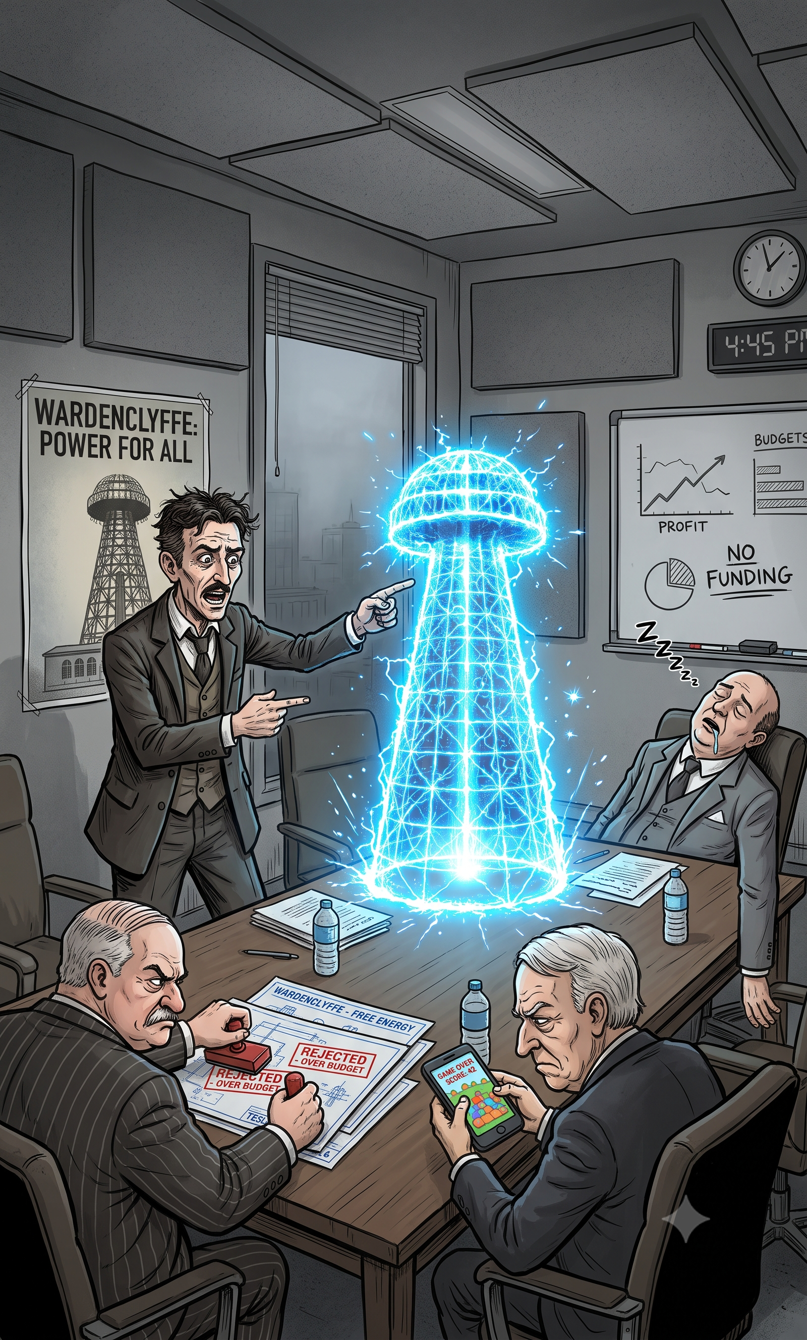Figure 2: Nikola Tesla pitches wireless power to a boardroom of disengaged executives who are, respectively, rejecting his budget, scrolling their phones, and asleep. Image generated using Google Gemini's Nano Banana 2 (Google, 2026).