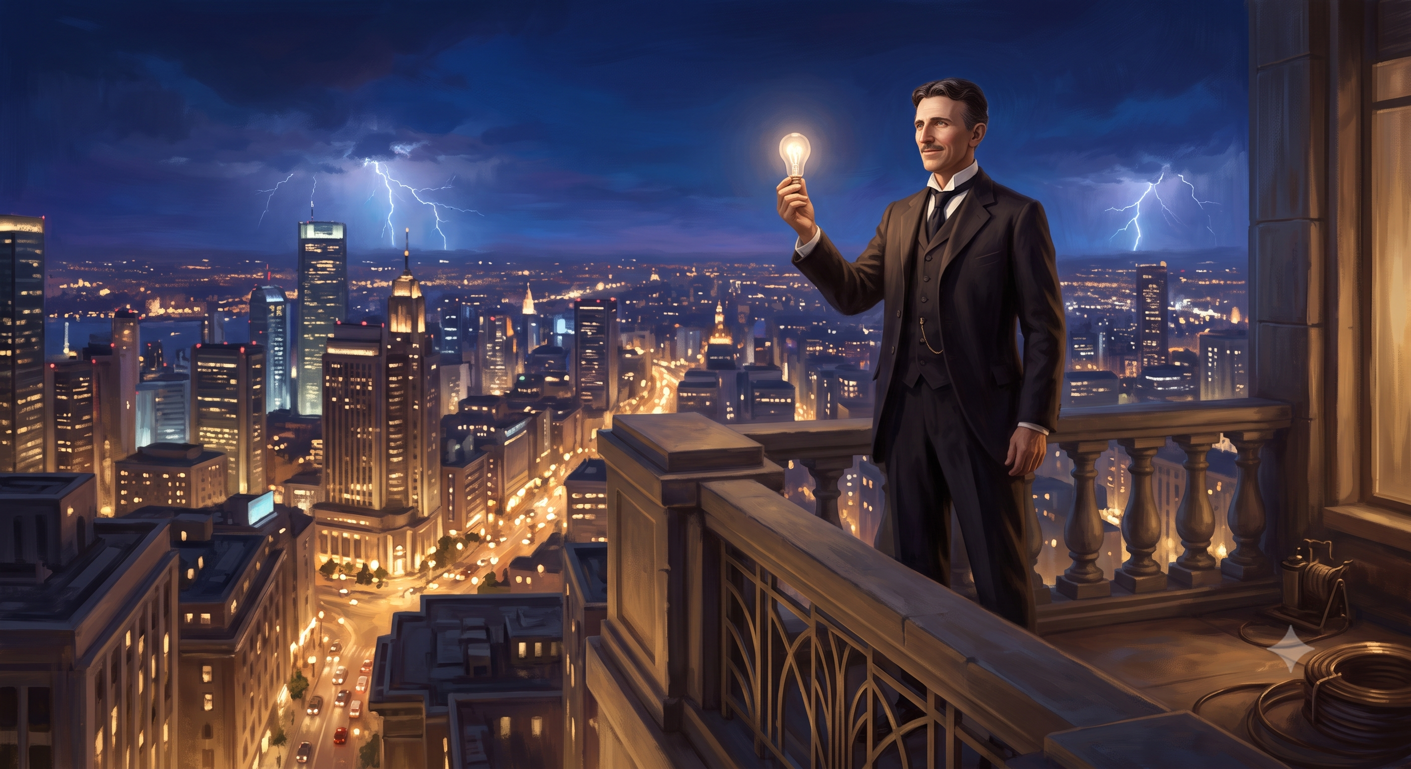 Figure 3. Nikola Tesla looks out over a city entirely lit by his own invention, a quiet, triumphant close to a life spent underappreciated. Image generated using Google Gemini's Nano Banana 2 (Google, 2026).